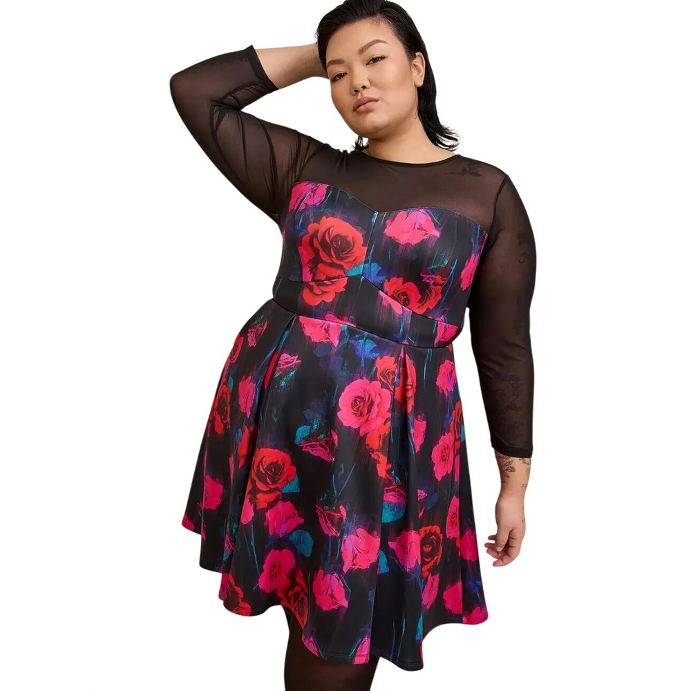 Torrid Plus Size 1X Dress Floral Mini Scuba Illusion Black Pink Mesh Lace Up 567